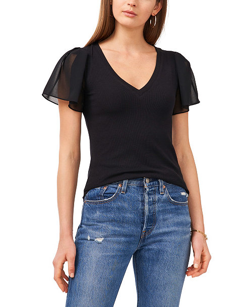 Women's Flutter Short Sleeve V-Neck Knit Top