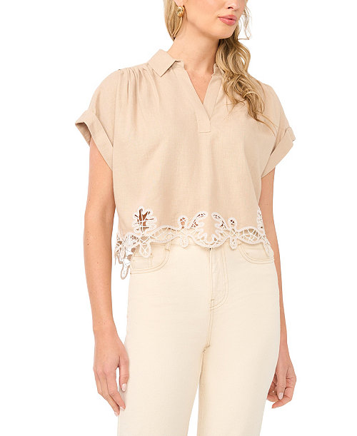 Women's Collared V-Neck Short-Sleeve Blouse