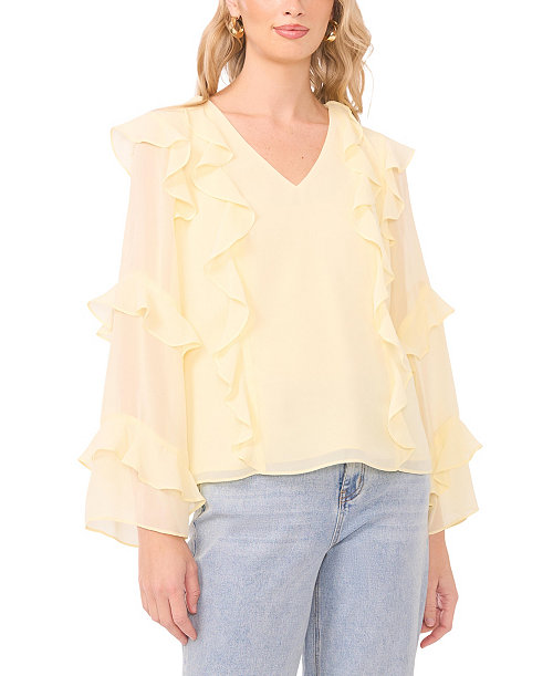 Women's Long-Sleeve V-Neck Ruffle Top